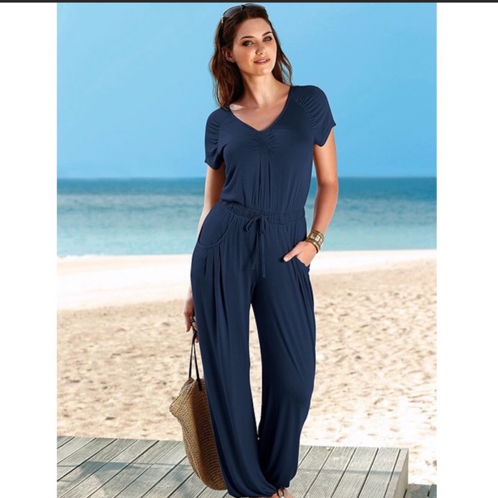Venus drawstring waist short sleeve Navy Jumpsuit